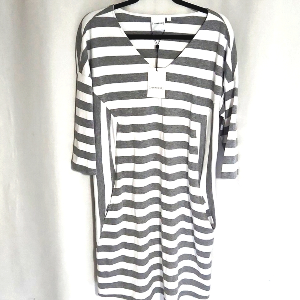Junarose Gray White Striped Dress Organic Cotton Blend Relaxed Fit Size S
